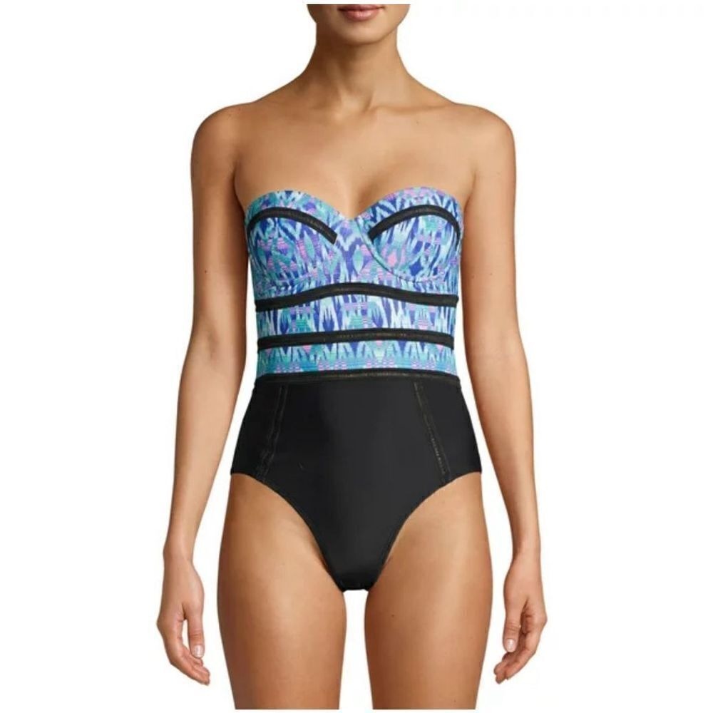 XOXO Blue Novelty Trim‎ 1pc Sweetheart Strapless Swimsuit MEDIUM Sweetheart Neck